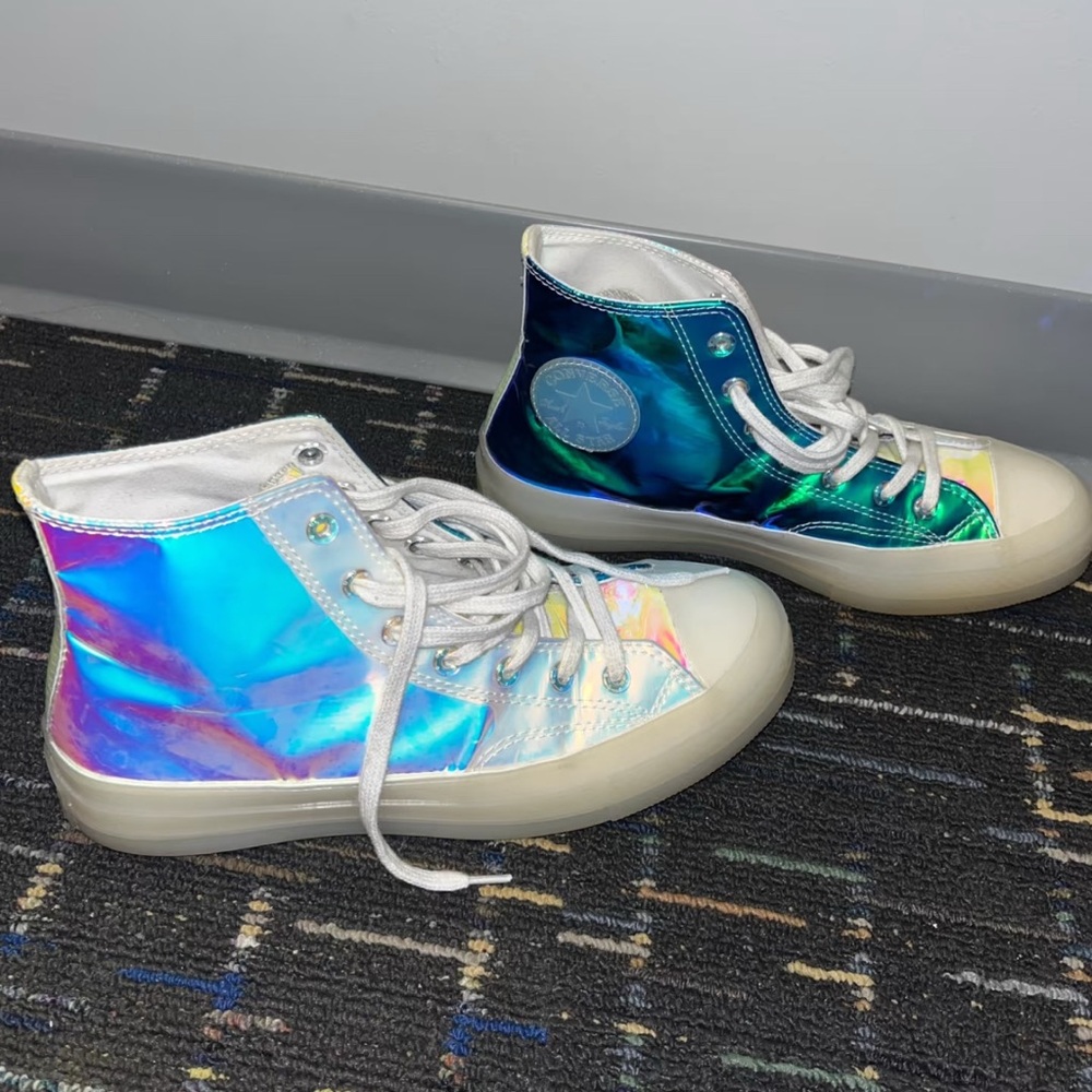 Converse Blue and Green High-Top Sneakers with Holographic Details